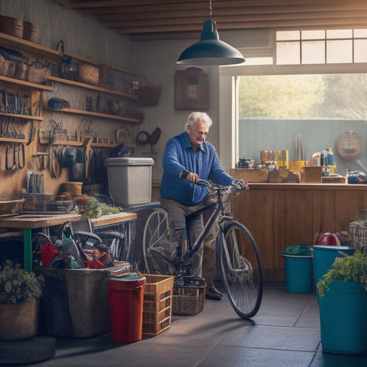 An organized garage with a senior citizen in the background, surrounded by labeled bins, a tidy workbench, and a few bicycles or gardening tools, with warm natural light streaming in.