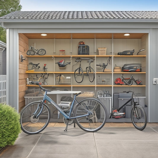 A well-organized garage with sleek, silver cabinets, bins, and hooks, surrounded by a few bicycles, a lawn mower, and a car, with a blurred background of a suburban Zionsville neighborhood.