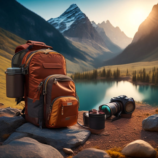A serene mountain landscape with a camper's backpack in the foreground, surrounded by organized gear and tools, with a sleek, compact storage system in the center, reflecting the surrounding natural hues.