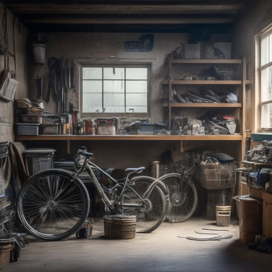 A cluttered small garage with tools scattered on the floor, a workbench in the corner, and a few bikes and storage bins stacked haphazardly, surrounded by messy shelves and cobwebs.