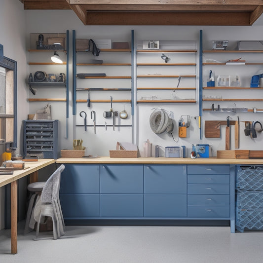 A clutter-free garage with a pegboard adorned with neatly hung tools, a labeled cabinet with roll-out drawers, and a workbench with a built-in vice, surrounded by a polished concrete floor.