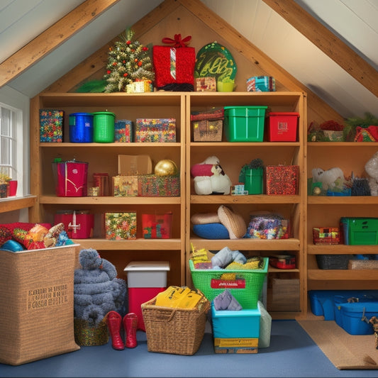 A clutter-free attic or garage with labeled, stacked plastic bins, a few open to reveal neatly organized seasonal decorations, such as Christmas ornaments, Easter baskets, and Halloween costumes.