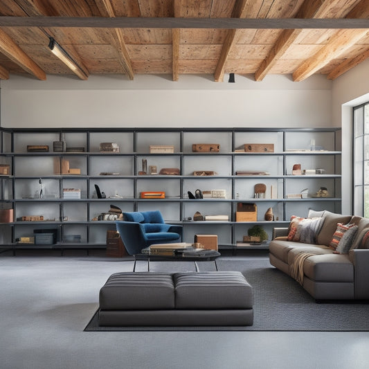 A clutter-free garage with a large sectional sofa on wall-mounted brackets, a vertical storage rack holding a mattress, and floor-to-ceiling shelves storing boxes and bins, with a sleek, modern aesthetic.