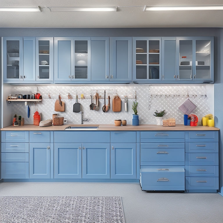 A well-organized garage interior with sleek, gray custom cabinets featuring sliding drawers, adjustable shelves, and a pegboard with hanging tools, set against a light-gray concrete floor and white walls.
