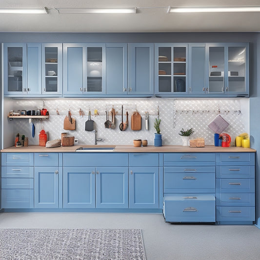 A well-organized garage interior with sleek, gray custom cabinets featuring sliding drawers, adjustable shelves, and a pegboard with hanging tools, set against a light-gray concrete floor and white walls.