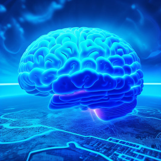 A futuristic, glowing brain surrounded by orbiting mind maps, with neon blue and green lines connecting ideas, set against a dark blue background with subtle, swirling clouds.