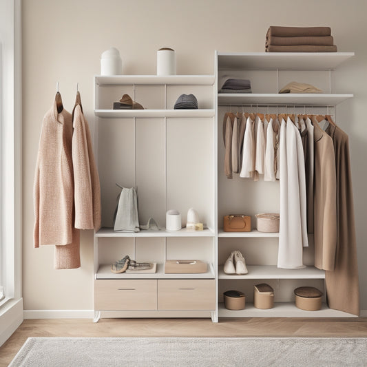 A serene, minimalist closet with a neutral-colored wall, sleek wooden shelves, and a few high-quality, matching hangers holding a curated selection of garments, with a few folded items on a shelf below.