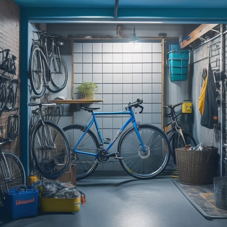 A cluttered garage with bicycles scattered chaotically, contrasted with a sleek, organized storage system featuring wall-mounted hooks, floor racks, and a compact, ceiling-hung bike lift.