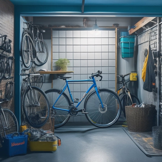 A cluttered garage with bicycles scattered chaotically, contrasted with a sleek, organized storage system featuring wall-mounted hooks, floor racks, and a compact, ceiling-hung bike lift.