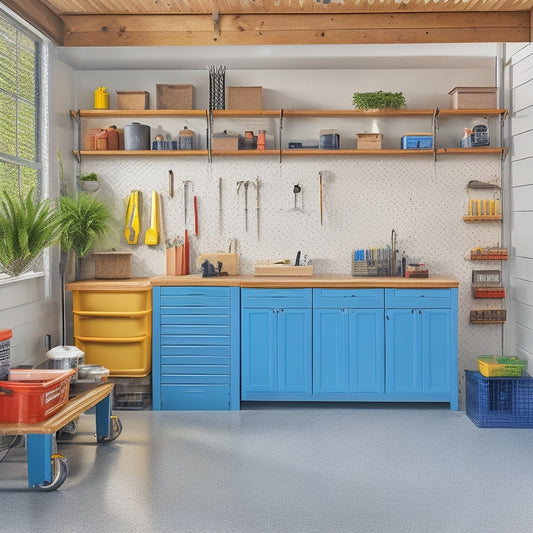 A clutter-free garage with a sleek epoxy floor, organized toolboxes, and labeled storage bins on slatwall panels, surrounded by a workbench with a built-in vice and a few well-placed plants.