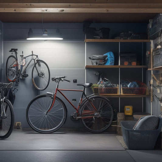 A well-organized corner of a garage with a slatwall, hooks, and bins, a ladder leaning against the wall, and a few bicycles suspended from the ceiling, with a warm and inviting lighting.