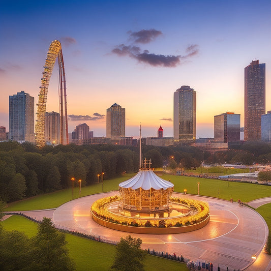 A stylized illustration of Atlanta's skyline at dusk, with the Ferris wheel at Centennial Olympic Park, the Fox Theatre's iconic tower, and the Martin Luther King Jr. National Historical Park's chapel steeple.