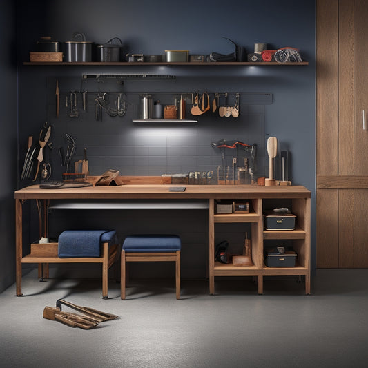 A sleek, modern workbench with metallic legs and a wooden surface, partially folded against a gray wall, with various tools and accessories neatly stored in compact compartments and hanging from hooks.