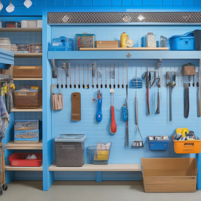 A tidy garage with a pegboard covered in hooks, bins, and tools, adjacent to a slatwall with baskets and a shelf, and a labeled cabinet with a ball-bearing slide-out drawer.