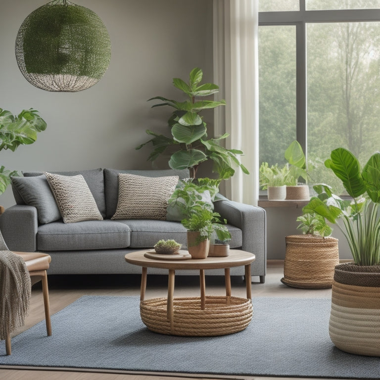 A serene, minimalist living room with a few, carefully selected, sustainably sourced furniture pieces, surrounded by lush green plants, and a natural woven basket filled with sorted recyclables.