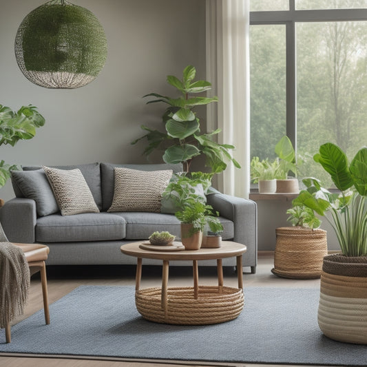 A serene, minimalist living room with a few, carefully selected, sustainably sourced furniture pieces, surrounded by lush green plants, and a natural woven basket filled with sorted recyclables.
