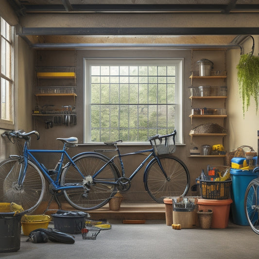 A well-organized garage interior with a slatwall, bike hooks, and labeled bins, surrounded by a tidy workbench, a parked bike, and a few gardening tools, with natural light pouring in through a window.