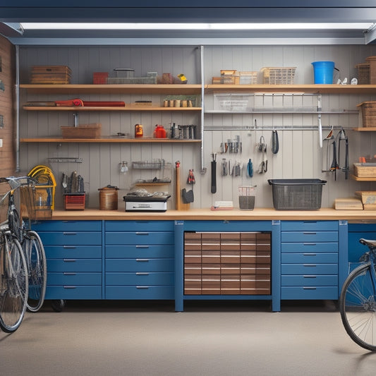 An organized garage with a slatwall featuring neatly hung bicycles, bins, and tools, alongside a row of labeled cabinets, a workstation with a vice, and a floor-to-ceiling shelving unit with stacked containers.