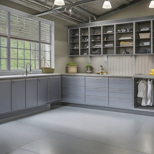 A well-organized garage with a sleek, gray epoxy-coated floor, featuring a mix of closed cabinets, open shelving, and slatwall panels with various hooks, bins, and baskets in a harmonious, industrial-chic style.