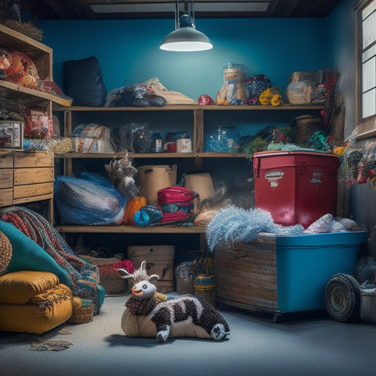 A cluttered garage with seasonal decorations scattered everywhere, including a deflated inflatable snowman, tangled string lights, and a broken reindeer figurine, surrounded by empty storage bins and dusty shelves.