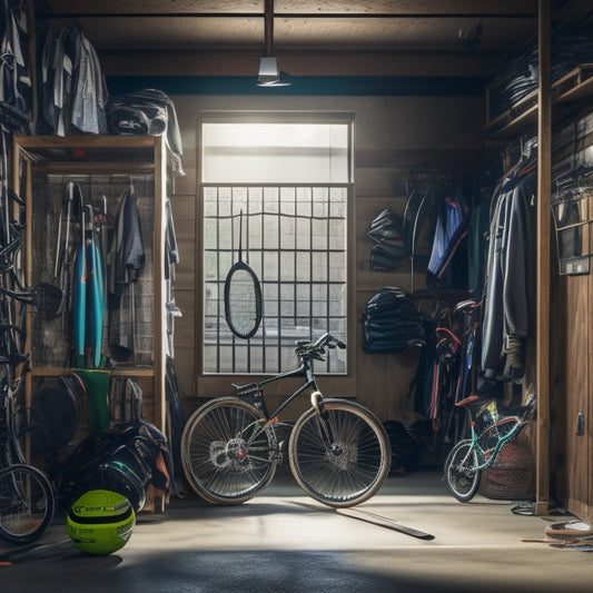 A cluttered garage interior with bicycles, hockey gear, soccer balls, and golf clubs stacked haphazardly, with a tennis racket and skateboard hanging from the ceiling, casting long shadows.