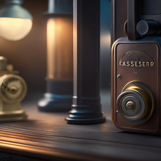 A combination lock with a manual titled "Kaeser" in the background, surrounded by subtle hints of industrial machinery, with a faint shadow of a person in the distance, conveying a sense of security and protection.