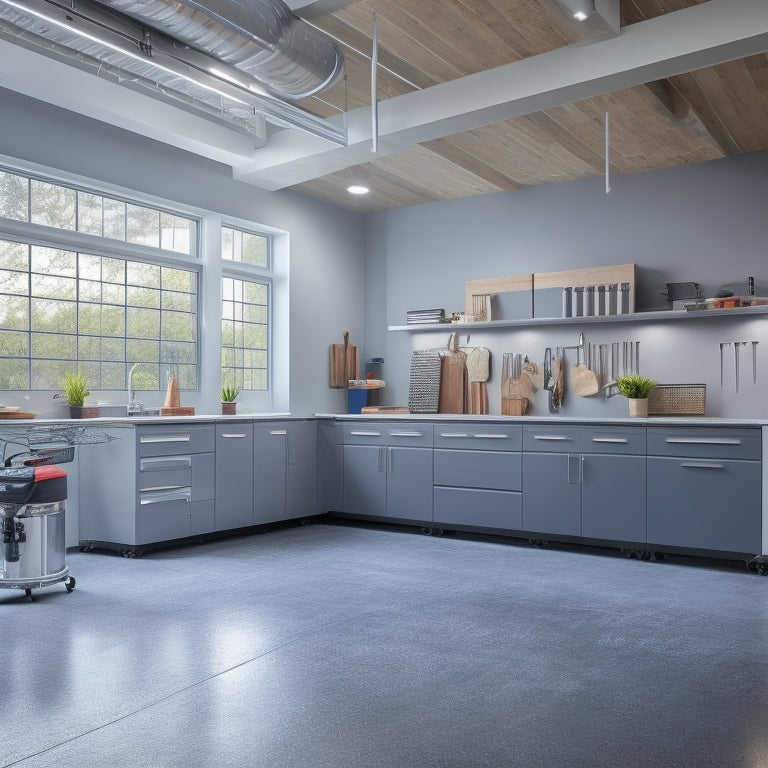 A well-lit, modern garage interior with sleek, gray, floor-to-ceiling cabinets featuring chrome handles, adjacent to a workbench with a wooden top and metal legs, surrounded by polished concrete floors.