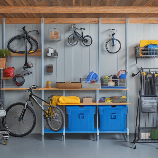 A clutter-free small garage with a slatwall, hooks, and bins, featuring a compact workstation, a wall-mounted bike rack, and a shelving unit with labeled baskets and a foldable ladder.