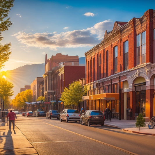 A warm, sun-kissed street scene in Denver's LoDo neighborhood, featuring vibrant street art, eclectic boutiques, and lively cafes, with the majestic Rocky Mountains visible in the distance.