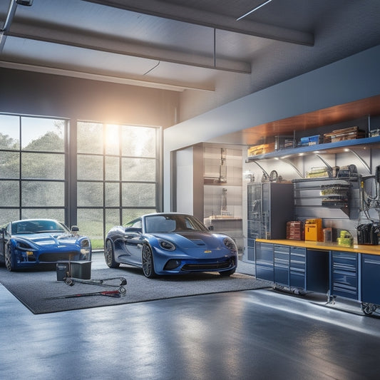 A modern, sleek garage interior with floor-to-ceiling storage units, a shiny sports car, and a few neatly organized tools, illuminated by natural light pouring in through a large window.