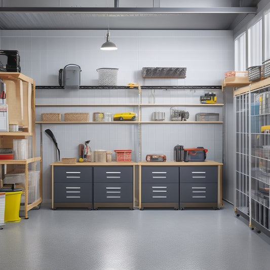 A clutter-free garage with a sleek, gray epoxy floor, illuminated by natural light pouring in through a large window, featuring a pegboard with neatly hung tools and a row of labeled storage bins.