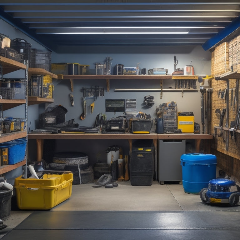 A cluttered garage with tools scattered on the floor, contrasted with a clean and organized garage featuring sleek shelves, labeled bins, and a workstation with a laptop open to a design software interface.