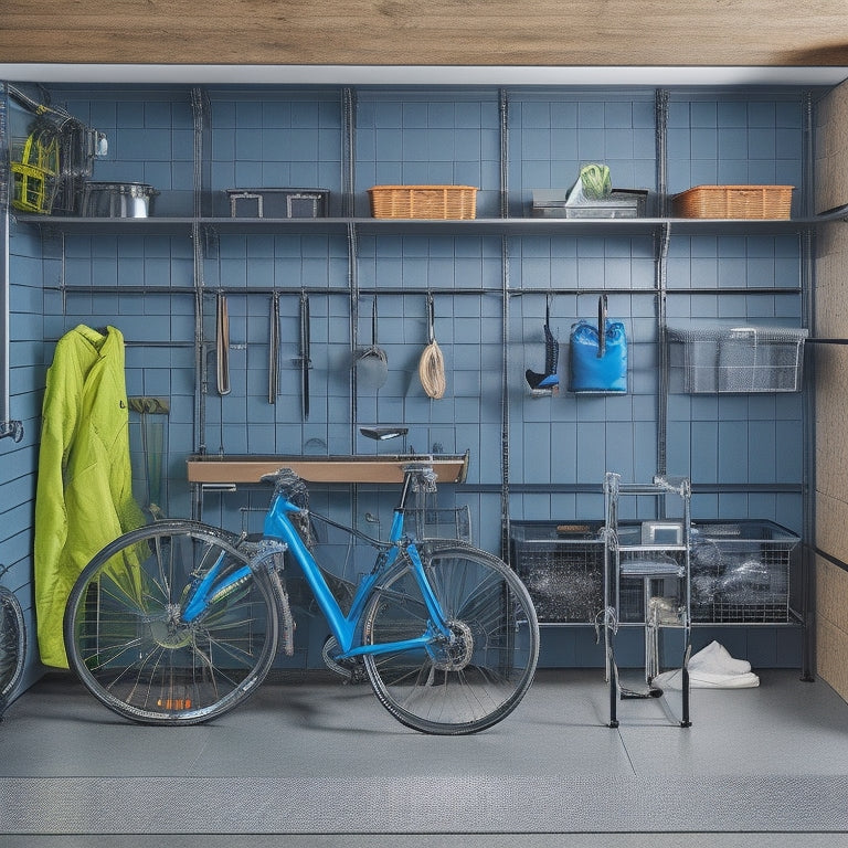 An organized garage with a slatwall featuring hooks, bins, and a pegboard, surrounded by a sleek epoxy-coated floor, modular storage cabinets, and a ceiling-mounted bike rack.