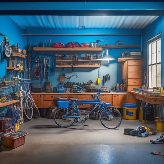 A messy garage with tools scattered on the floor, cluttered workbenches, and bikes hanging from the ceiling, transforming into a sleek, organized space with labeled bins, a pegboard, and a sports car parked in the center.