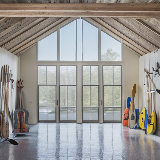 A clutter-free garage with three paddleboards stored vertically on a wall-mounted rack, and two kayaks suspended horizontally from the ceiling, surrounded by minimalist wooden accents and natural light.