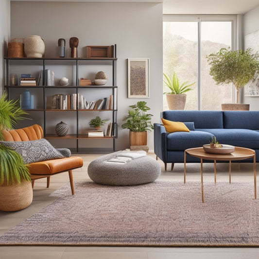 A modern, minimalist living room with sleek, floor-to-ceiling shelves and hidden compartments, featuring a geometric-patterned rug, a few potted plants, and a few strategically placed, colorful decorative objects.