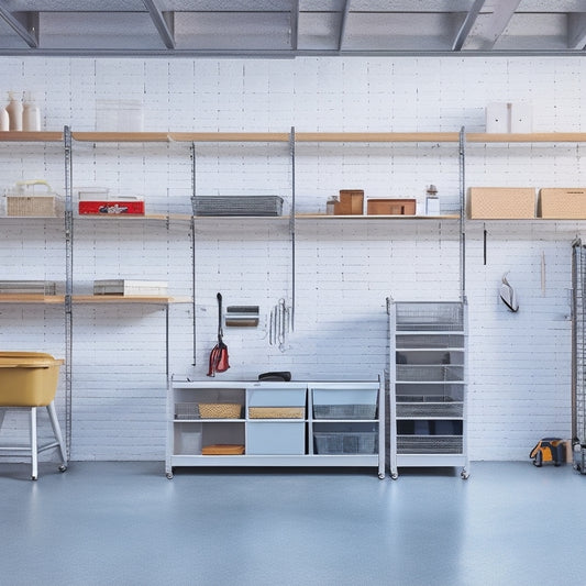 A clutter-free, well-organized garage with sleek, silver metal shelving units, labeled bins, and a pegboard with hanging tools, set against a clean, light-gray concrete floor and white walls.
