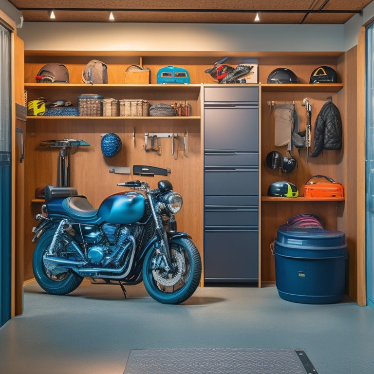 A well-organized garage with a sleek black motorcycle centered, surrounded by floor-to-ceiling storage units, hooks for helmets and jackets, and a pegboard for tools and accessories.