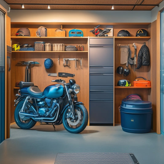 A well-organized garage with a sleek black motorcycle centered, surrounded by floor-to-ceiling storage units, hooks for helmets and jackets, and a pegboard for tools and accessories.