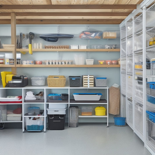 An organized garage with a senior-friendly storage system: clear walkways, wall-mounted shelves and hooks, a wheelchair-accessible workbench, and labeled bins on low shelves, all in a bright, well-lit space.