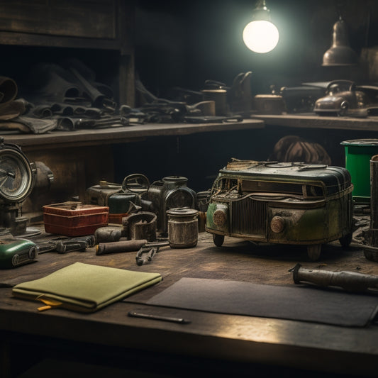 A cluttered, dimly lit workshop table with scattered vintage tools, a partially disassembled classic car engine, and a worn, olive-green manual with yellowed pages and a torn cover.