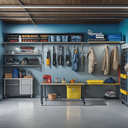 A tidy garage interior with a slatwall featuring hooks, bins, and a pegboard, a labeled shelving unit, a rolling toolbox, and a clean, epoxy-coated floor with a sleek sports car parked in the center.