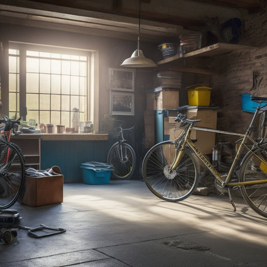A cluttered garage interior with tools scattered on the floor, bicycles leaning against the walls, and boxes stacked haphazardly, with a single, open door in the background, casting a beam of light.