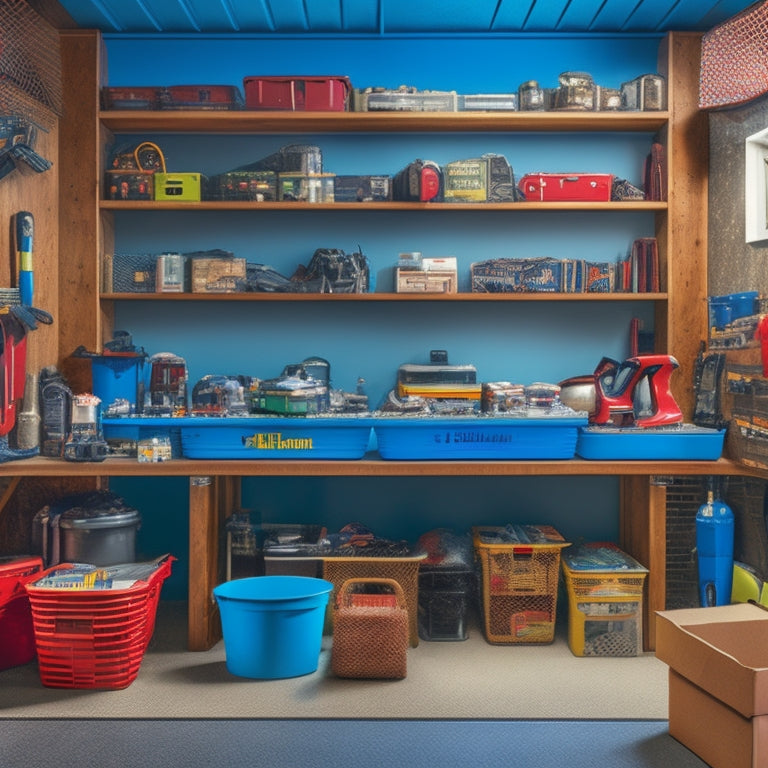A cluttered garage with scattered tools and boxes transforming into an organized space with sturdy, affordable shelving units holding labeled bins and neatly arranged equipment, with a subtle before-and-after contrast.