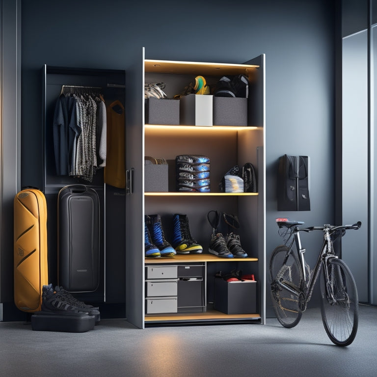 A futuristic, sleek storage unit with compartments and hooks, surrounded by various sports equipment such as bicycles, hiking gear, and athletic shoes, set against a modern, industrial-style background.