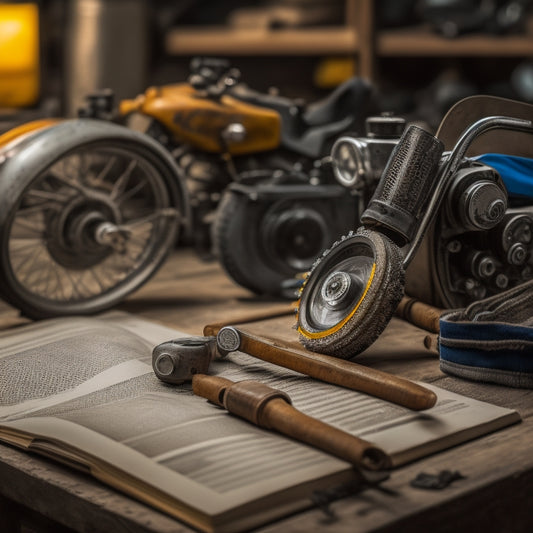 A mechanical wrench and a pair of goggles resting on a worn, dog-eared G310 motorcycle manual, surrounded by scattered tools and a blurred workshop background.