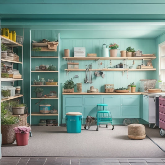A bright, organized garage interior with pastel-colored bins, a adjustable shelving unit, and a comfortable, cushioned stool in the center, surrounded by gardening tools and a few nostalgic family photos.