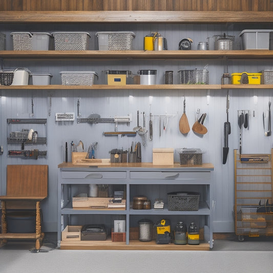 A well-organized garage interior with a slatwall featuring hooks, bins, and a magnetic board, surrounded by a tidy workbench, a segmented storage cabinet, and a labeled pegboard.