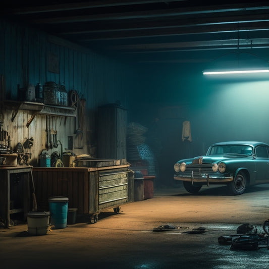 A dimly lit garage with a dusty, forgotten car in the center, surrounded by tools and equipment, with a bright lightbulb above, symbolizing revival and restoration, and a subtle hint of greenery nearby.