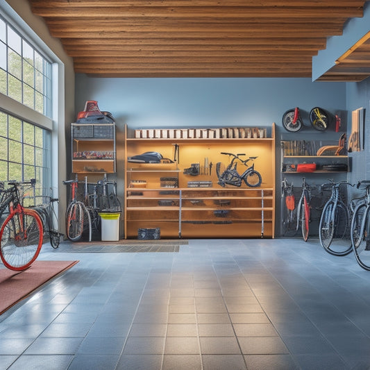 A well-organized garage interior with a sleek epoxy floor, slatwall with neatly hung bikes, tools, and accessories, and a few cars parked in the background, with natural light pouring in.